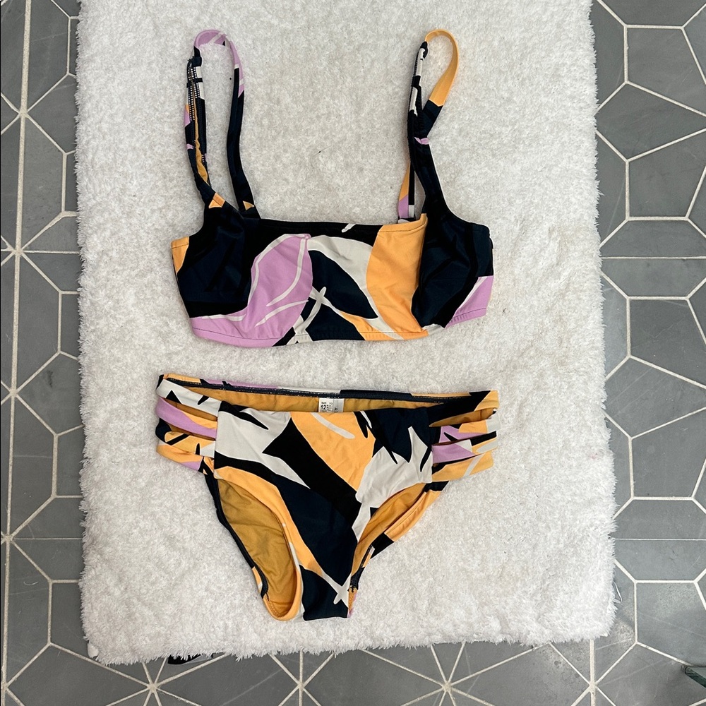 Printed Support Bikini Top and Bottom in Navy, Lavender & Mustard